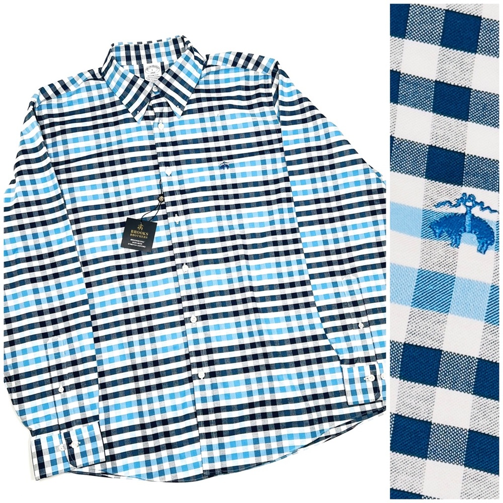 NWT BROOKS BROTHERS Mens Blue White Checkered Shirt Cotton Blend Size L